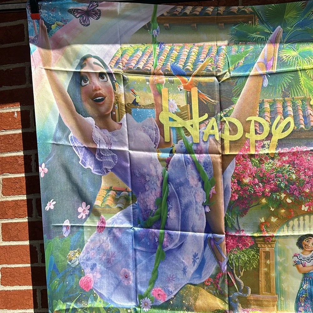 Disney Encanto happy birthday Backdrop satin,3 x 4, purple, pink, green yellow